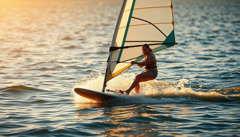 Anfänger beim Windsurfen auf dem Wasser