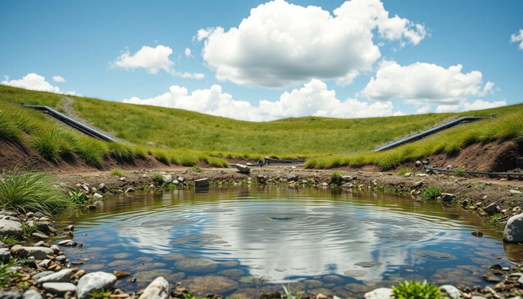 Regenrückhaltebecken zur Speicherung von Niederschlagswasser Regenrückhaltebecken zur Speicherung von Niederschlagswasser